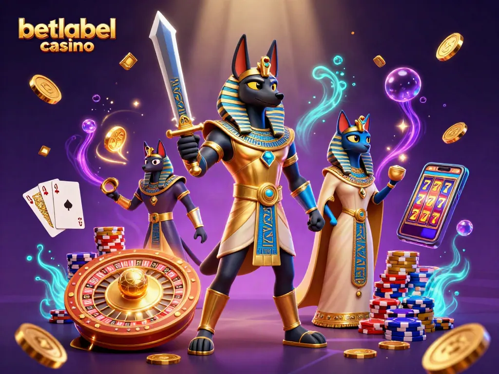 Experience the excitement at betlabel casino with Anubis and Bastet amidst golden coins and vibrant game elements.