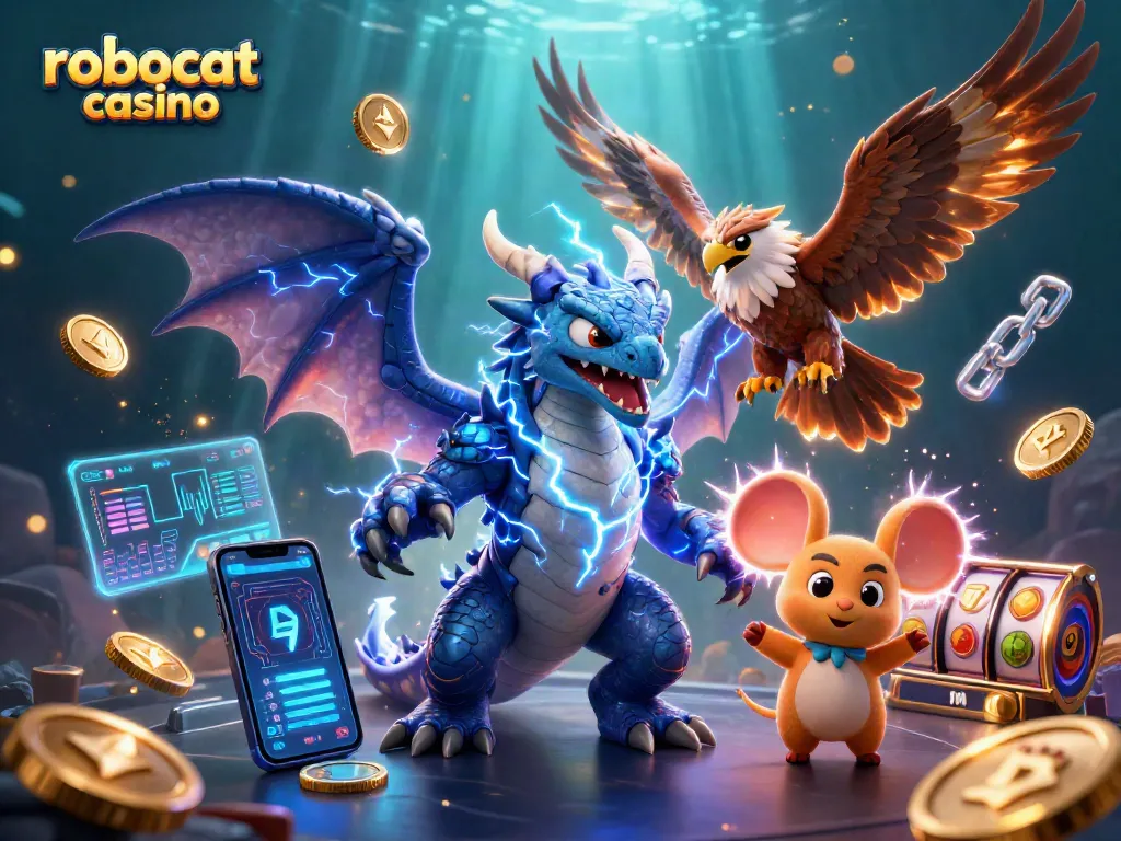 Experience the thrill of robocat casino with vibrant 3D illustration of dynamic game elements and characters.