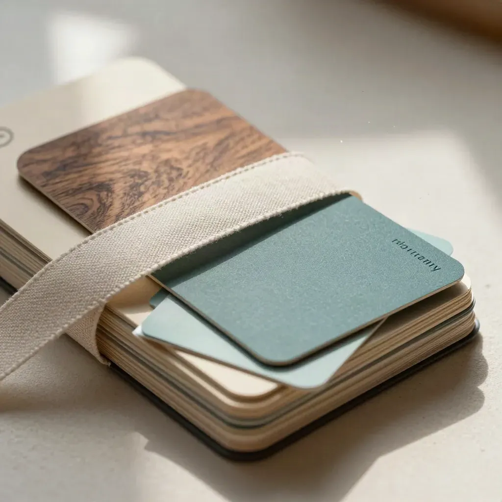 Kit de branding abierto con muestras de color, cintas de lino y tarjetas mate sobre yeso claro.