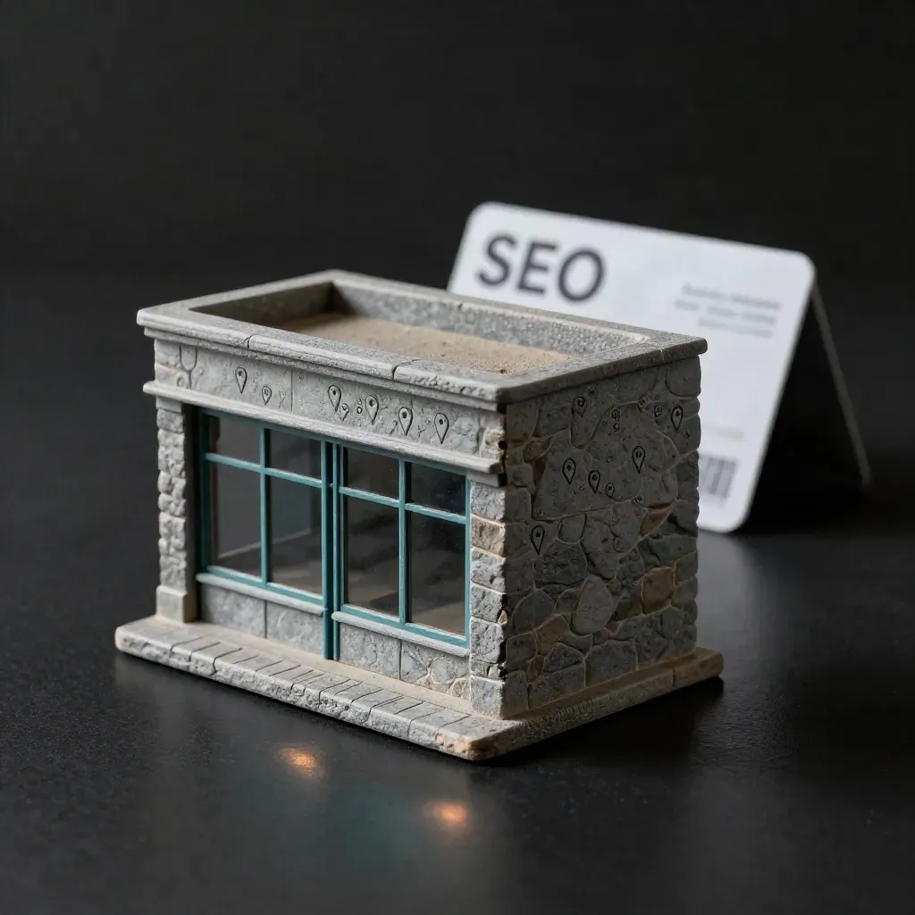 Maqueta SEO de escaparate sobre base de piedra, con azulejos y pines, en luz dramática.