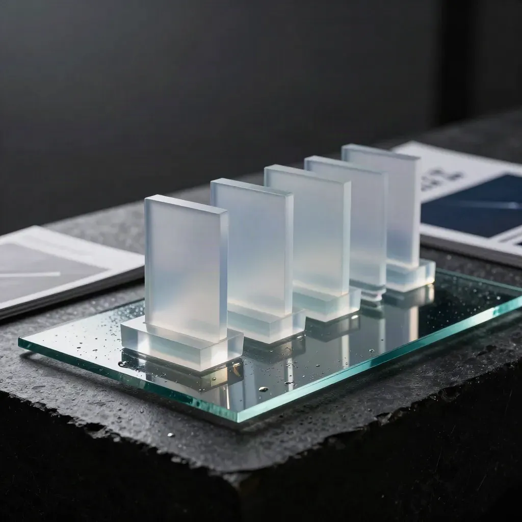 Kit de seguimiento GA4 con piezas de vidrio y acentos azul marino en estudio oscuro.