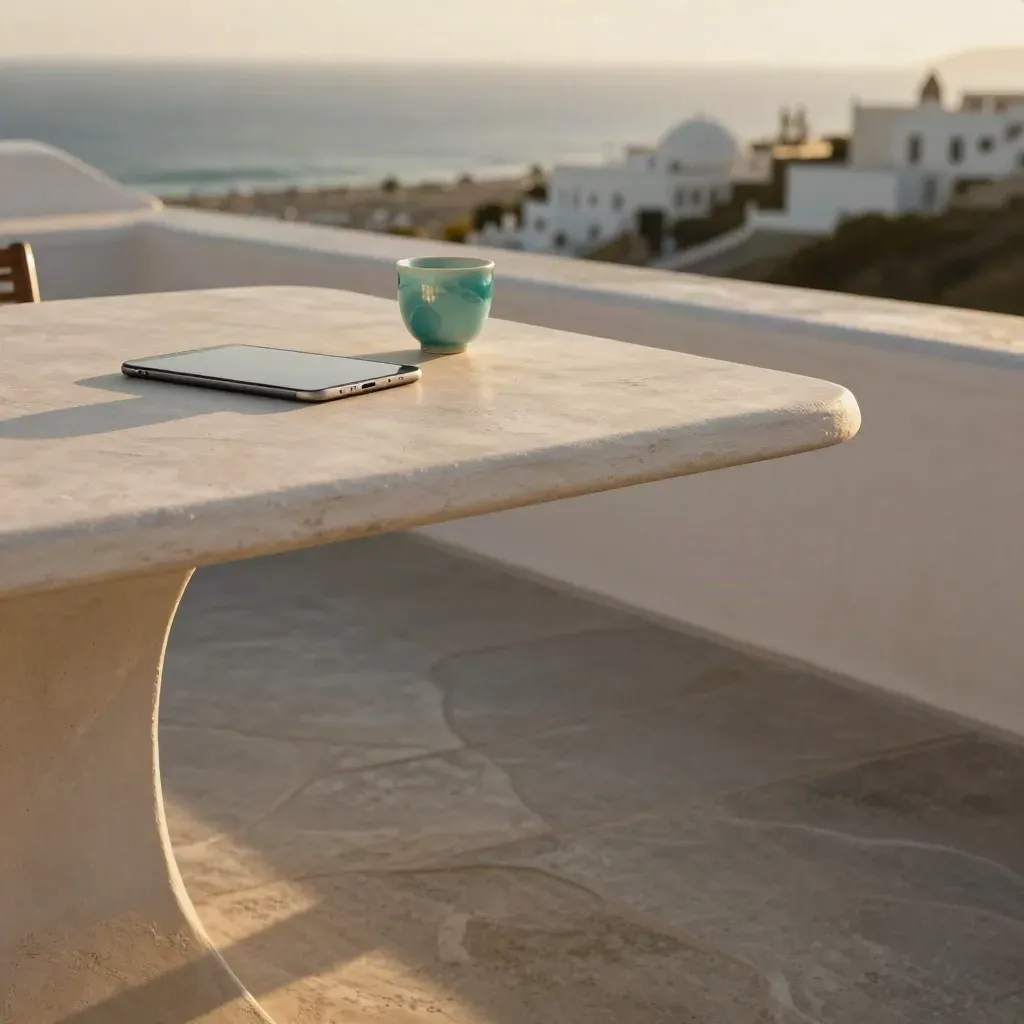 Terraza de yeso junto al mar con mesa clara, luz dorada y un guiño sutil de marketing